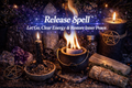 Witchcraft setup with candles, crystals, and smudge stick on a dark background with 'Release Spell' text.