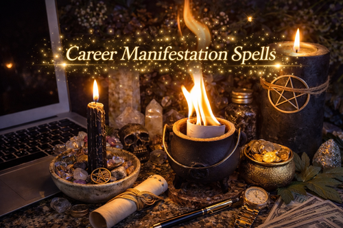Magical setup with candles, crystals, and laptop on a dark background with 'Career Manifestation Spells' text.