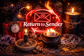 Return to sender spell 
Witchy-themed setup with candles, coins, and 'Return to Sender' logo.
