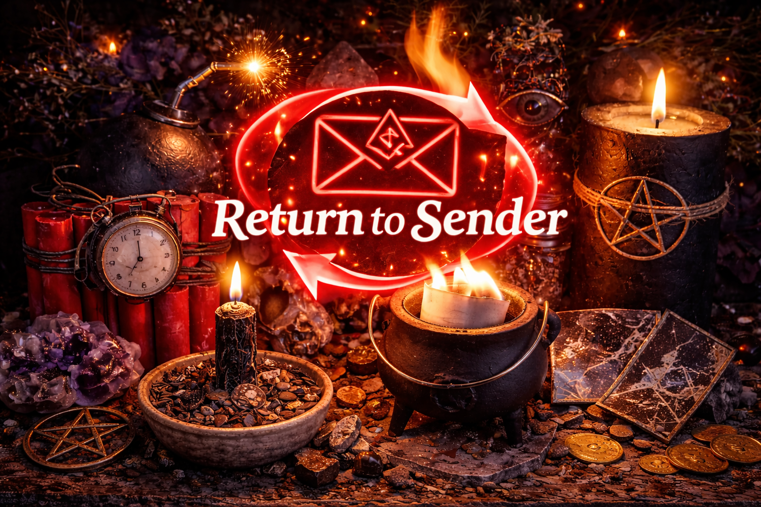 Return to sender spell 
Witchy-themed setup with candles, coins, and 'Return to Sender' logo.