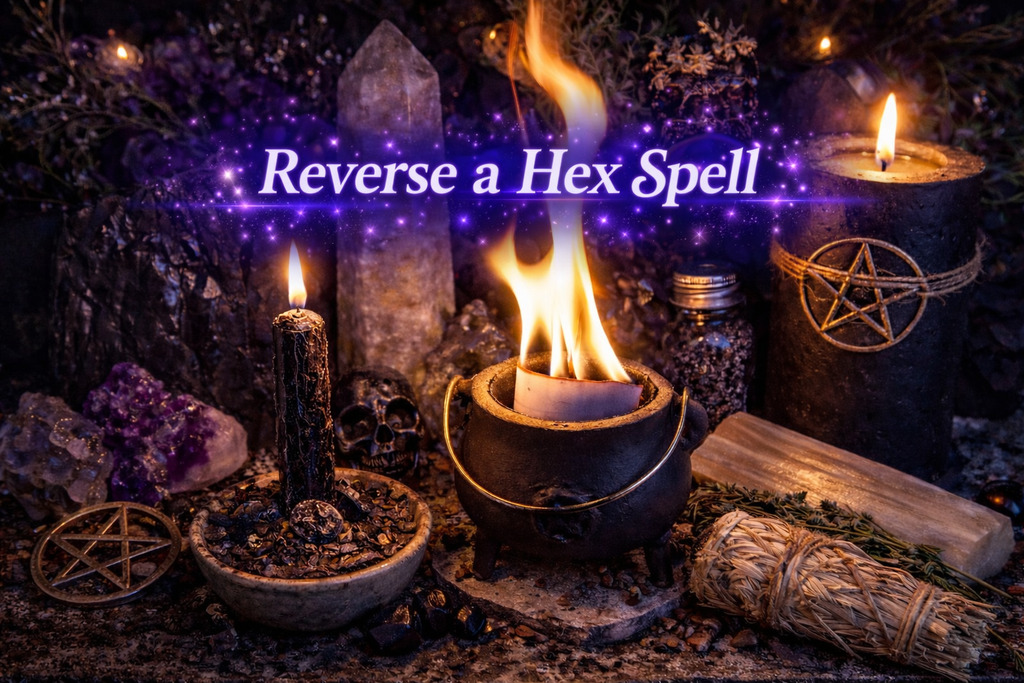 
Reverse a hex spell 
Magical setup with candles, crystals, and a pentacle symbol on a dark background.